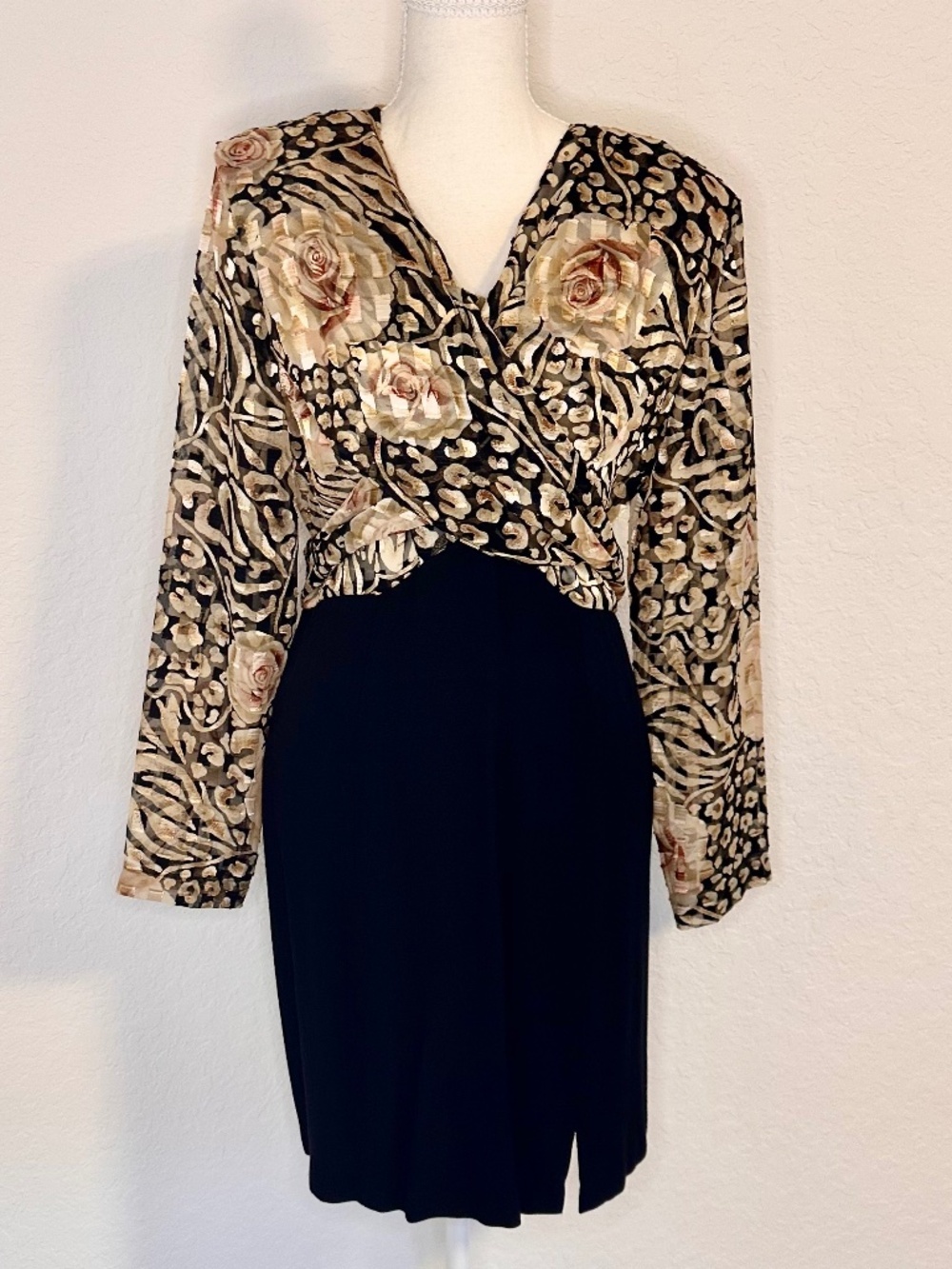 Vintage 80's Metallic Gold Floral Bodice Dress, Size 10